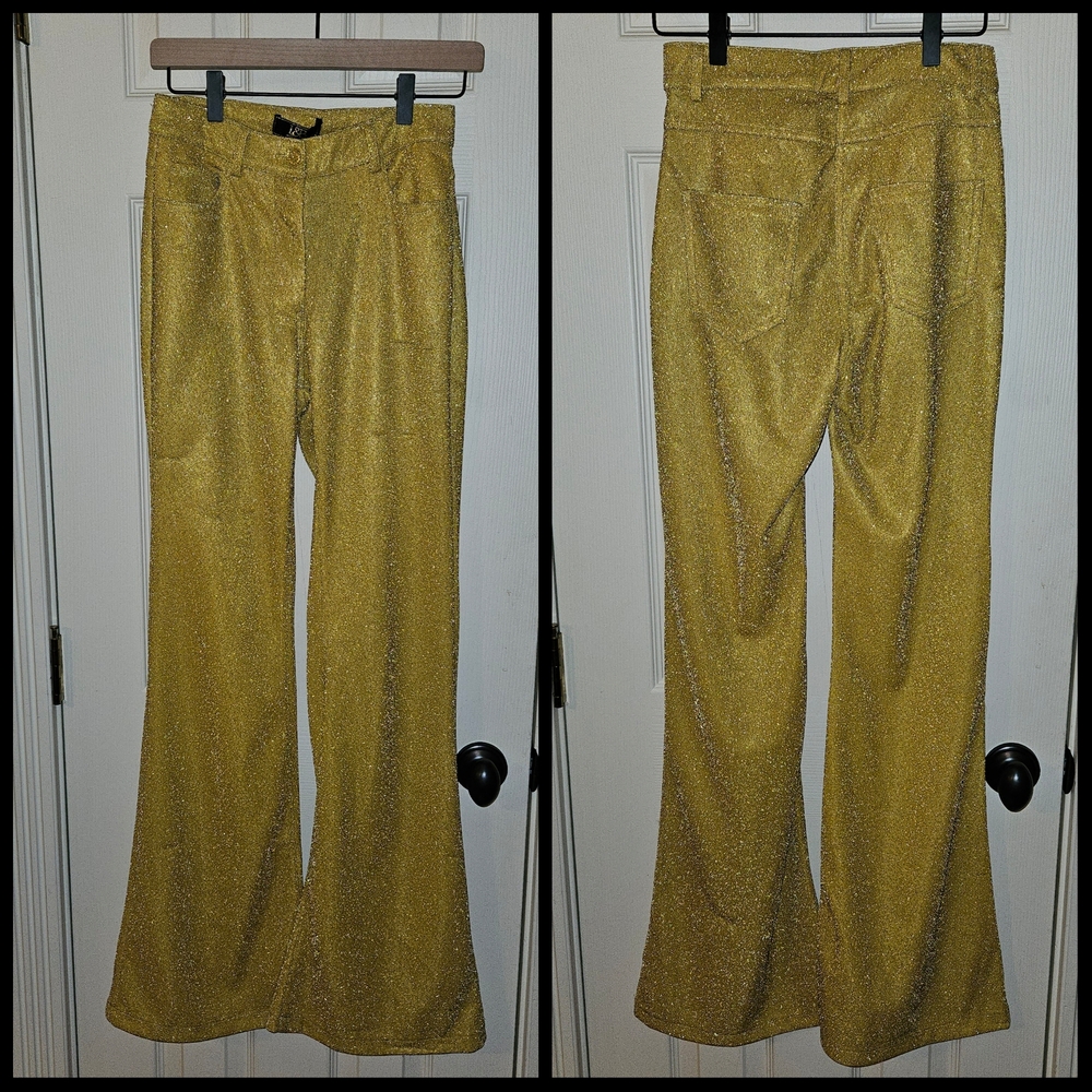 L&B Lucky and Blessed High Waisted Flare Leg Gold Shimmer Pant Size Small NWT